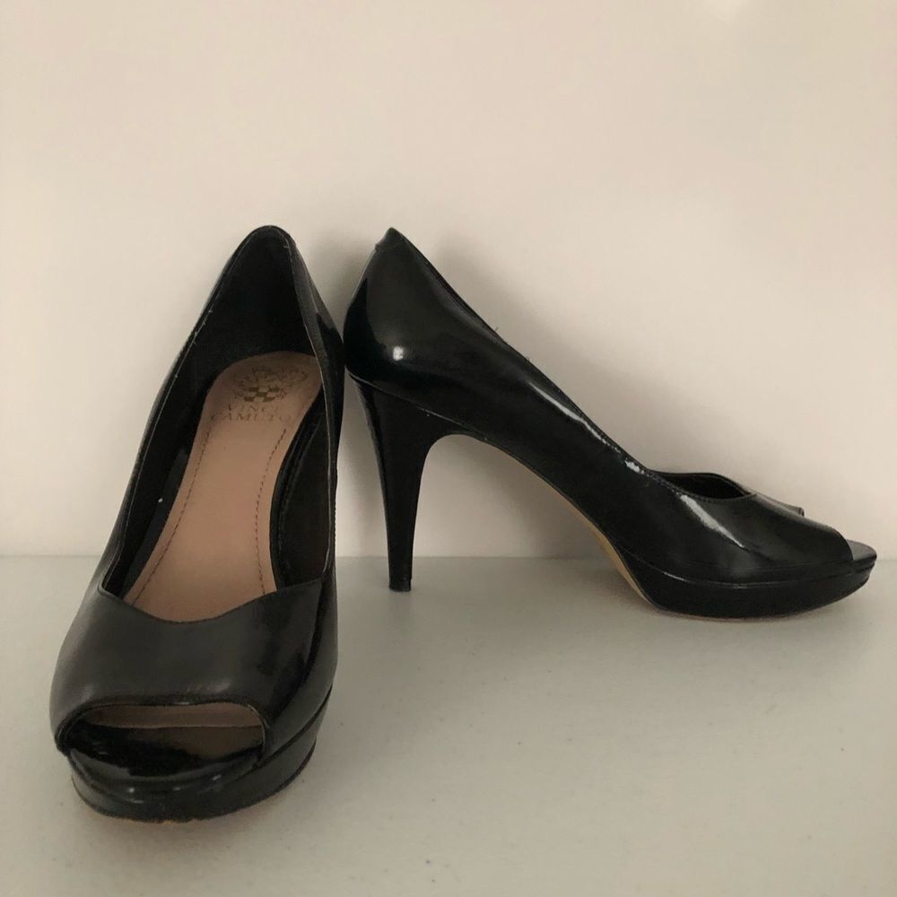 Vince Camuto Black, patent, peep-toe heels, 8.5B